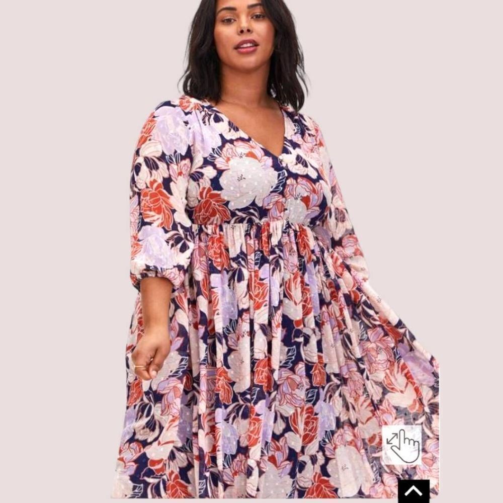 TORRID NEW Navy Floral Swiss Dot Button down Tea- Length Dress. - Picture 7 of 16